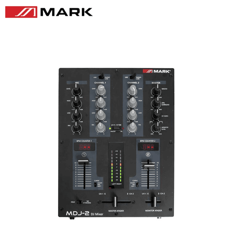 Pack DJ MARK DJ BOX : 2 lecteurs CD, mixeur 2 voies et flight case 2 Pack DJ MARK DJ BOX : 2 lecteurs CD, mixeur 2 voies et flight case : mixeur MDJ-2, face avant