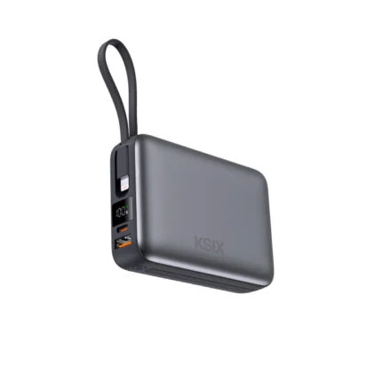 Power Bank KSIX 20 000 mAh, charge rapide PD 22,5 W, câbles USB-C et Lightning intégrés, écran LED, gris