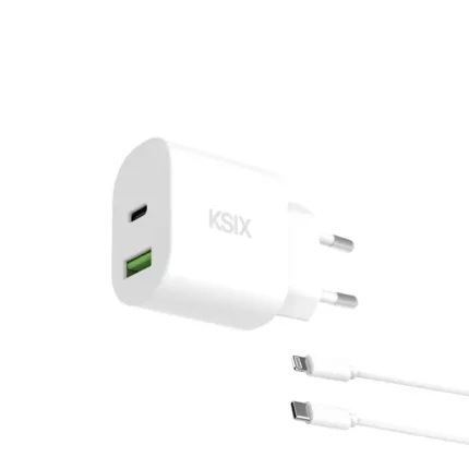 Chargeur mural KSIX 30 W, Power Delivery, charge ultra-rapide, GaN, USB-C + USB-A, câble USB-C vers Lightning de 1 m, blanc