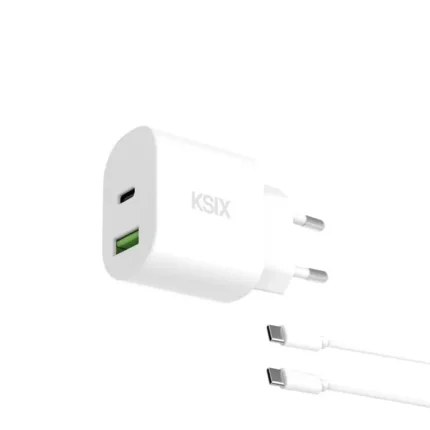 Chargeur mural KSIX 30 W, Power Delivery, charge ultra-rapide, GaN, USB-C + USB-A, câble USB-C vers USB-C de 1 m, blanc