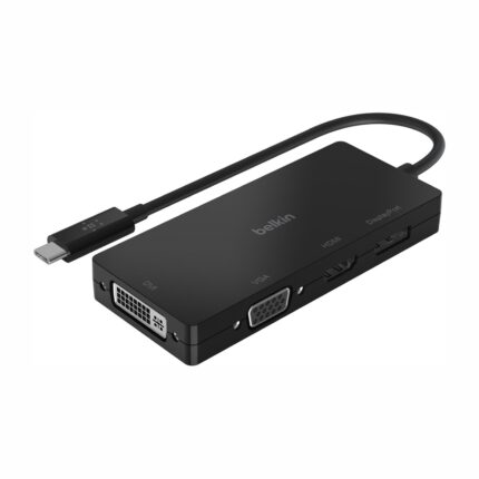 Adaptateur Belkin USB-C vers HDMI, VGA, DP, DVI : adaptateur noir avec ses quatre sorties vidéo et son câble USB-C