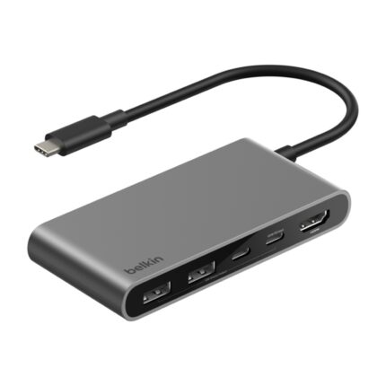 Hub USB-C Belkin 5 ports, 2 USB-A et HDMI, gris : hub gris vu de trois quarts avec ses ports