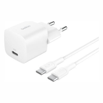 Chargeur Belkin 25 W iPhone et Samsung, blanc : chargeur blanc avec son câble USB-C vers USB-C