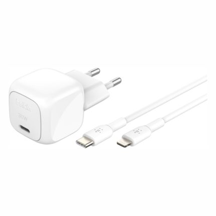 Chargeur iPhone Belkin 30 W, câble Lightning : chargeur blanc avec son câble USB-C vers Lightning