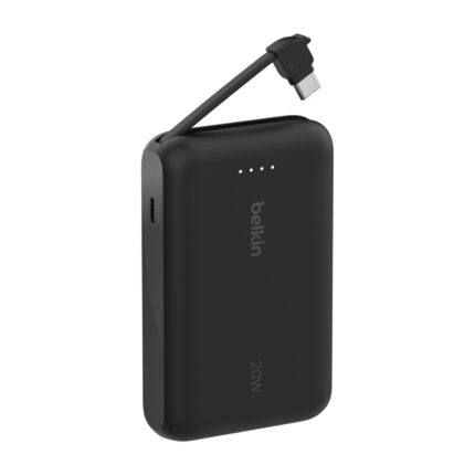 Power bank Belkin BPB021 10K à câble intégré, noir : batterie noire avec son câble USB-C intégré déplié