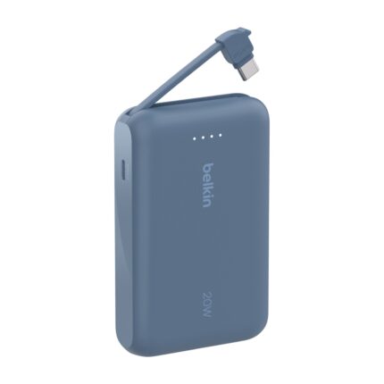 Power bank Belkin BPB021 10K à câble intégré, bleu : batterie bleue avec son câble USB-C intégré déplié