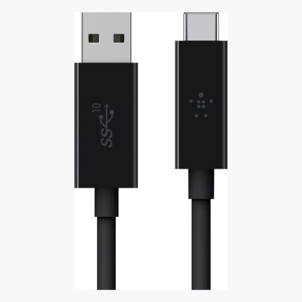 Promo-shop 26 Câble Belkin USB-A vers USB-C 10 Gbit/s, 1 m, noir : connecteurs USB-A et USB-C du câble noir vus de face