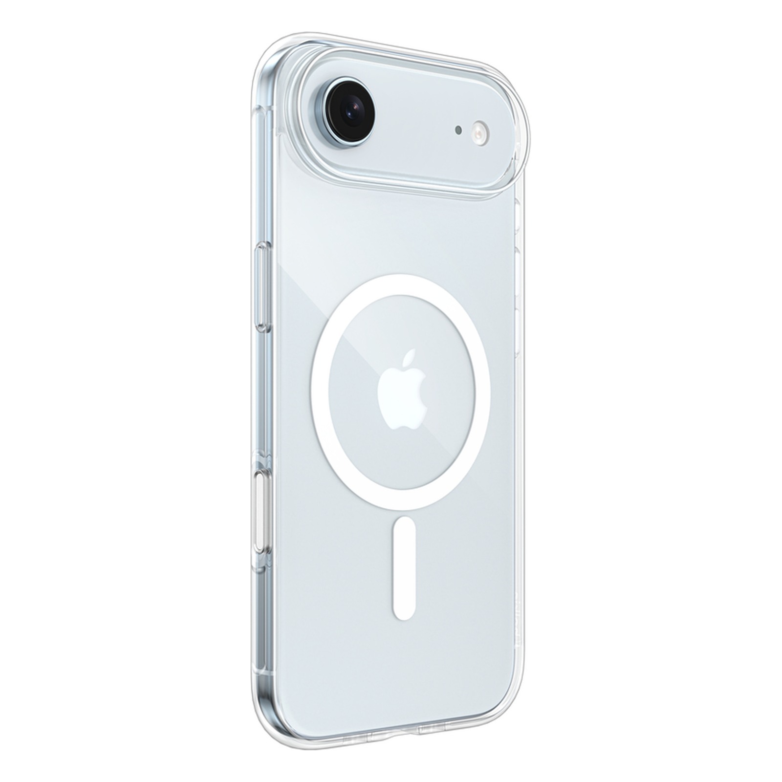 Coque Belkin Clear Series iPhone Air, transparente 1 Coque Belkin Clear Series iPhone Air, transparente : coque transparente posée sur un iPhone Air bleu, vue de trois quarts