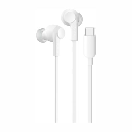 Écouteurs filaires Belkin SoundForm ANC, USB-C : écouteurs blancs avec leur connecteur USB-C