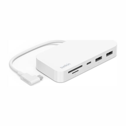 Hub USB-C Belkin 6 en 1 avec support, blanc : hub blanc avec son câble USB-C fixe à angle droit