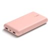 Power bank Belkin BoostCharge 20 000 mAh, rose : batterie rose vue de trois quarts avec ses ports