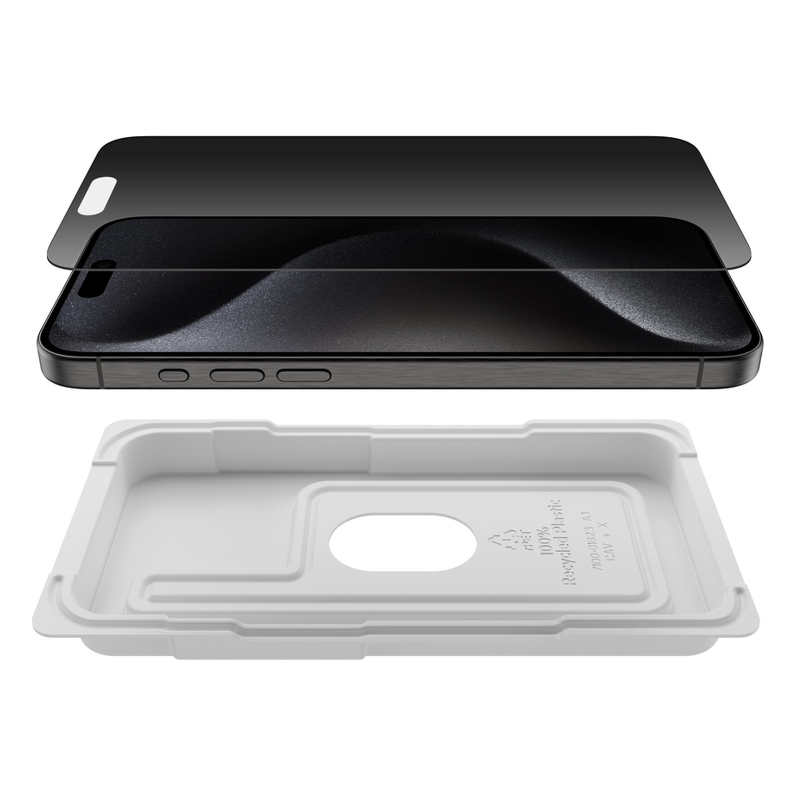 Protection d'écran Belkin Privacy iPhone 15 Pro Max 3 Protection d'écran Belkin Privacy iPhone 15 Pro Max : verre Privacy et support de pose Easy Align au-dessus de l'iPhone