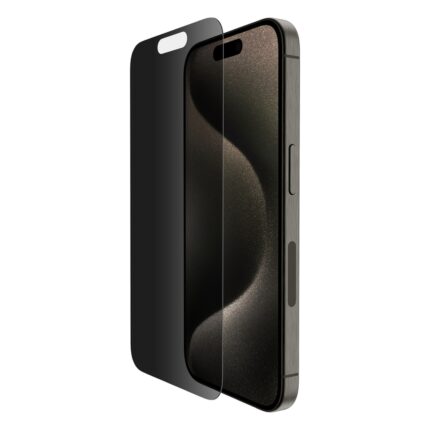 Promo-shop 31 Protection d'écran Belkin Privacy iPhone 15 Pro : verre Privacy posé devant l'écran d'un iPhone