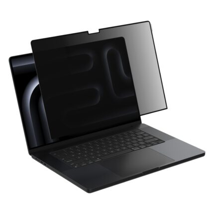 Protection d'écran Belkin TruePrivacy MacBook Pro 16 : filtre TruePrivacy posé devant l'écran d'un MacBook Pro