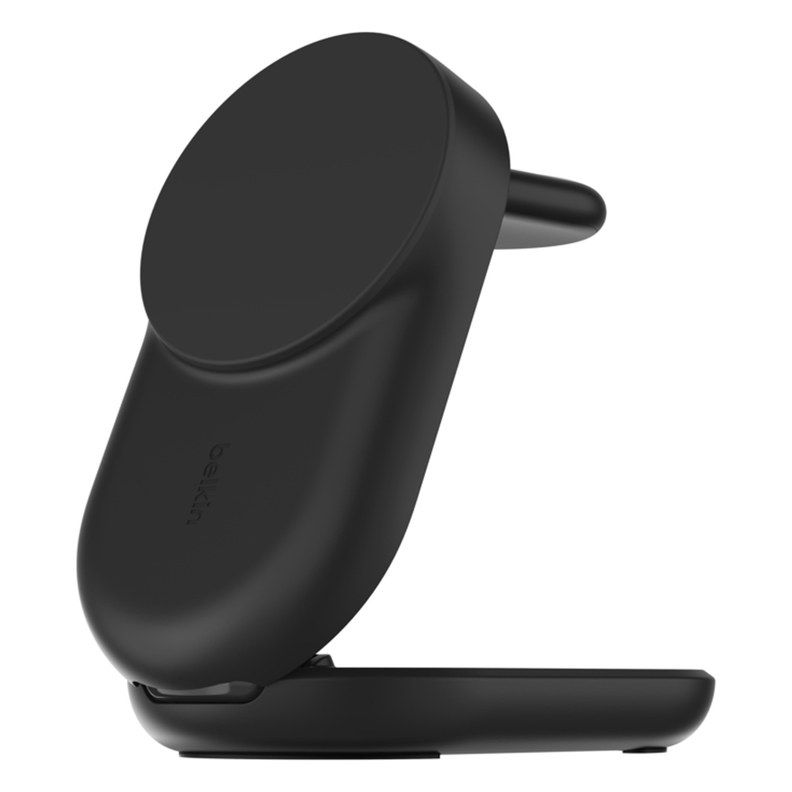 Socle de charge Belkin 3 en 1 Qi2 25 W iPhone 4 Socle de charge Belkin 3 en 1 Qi2 25 W iPhone : socle déplié en support, vu de profil