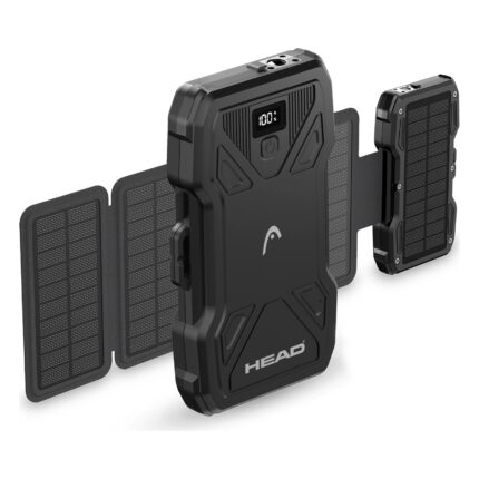 Batterie solaire HEAD Trek 10 000 mAh, 22,5 W : batterie noire HEAD avec ses panneaux solaires dépliés