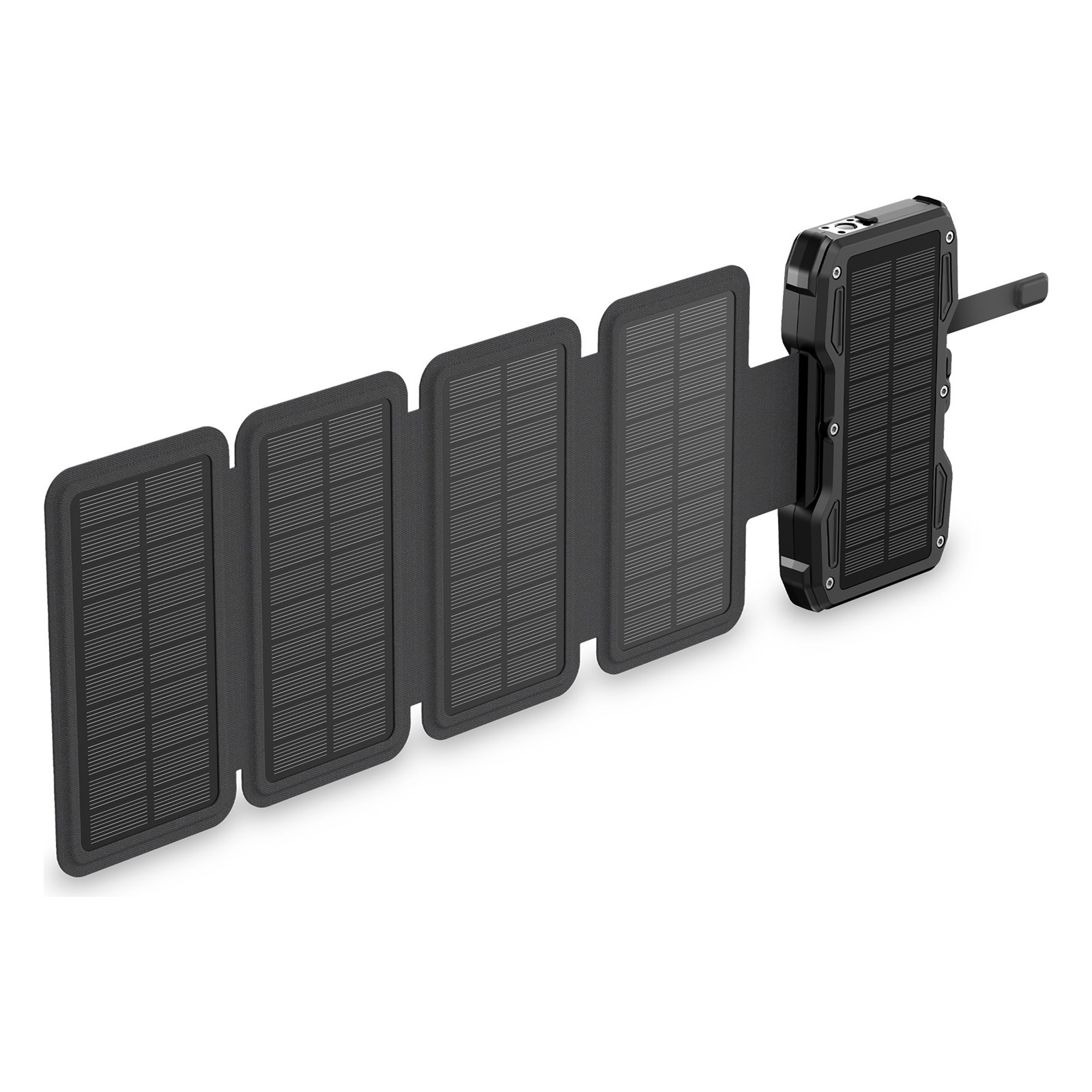 Batterie solaire HEAD Trek 10 000 mAh, 22,5 W 4 Batterie solaire HEAD Trek 10 000 mAh, 22,5 W : panneaux solaires dépliés en ligne à côté de la batterie