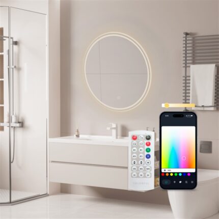 Miroir intelligent KSIX Oasis BESP01, Ø 70 cm : miroir rond allumé en blanc chaud dans une salle de bain, avec télécommande et application