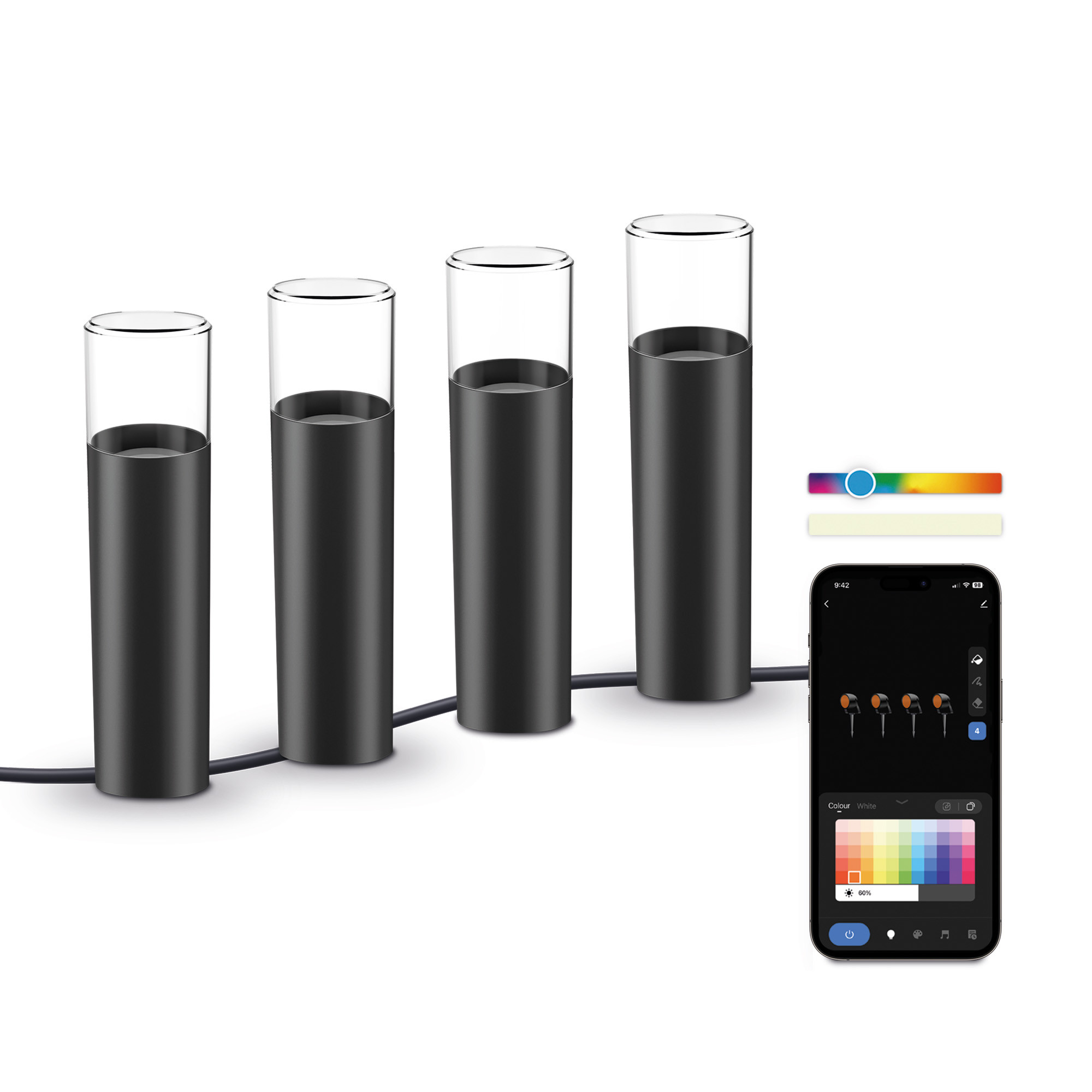 Lot de 4 balises LED de jardin KSIX BXOUTL2, WiFi 1 Lot de 4 balises LED de jardin KSIX BXOUTL2, WiFi : les quatre balises et l'application
