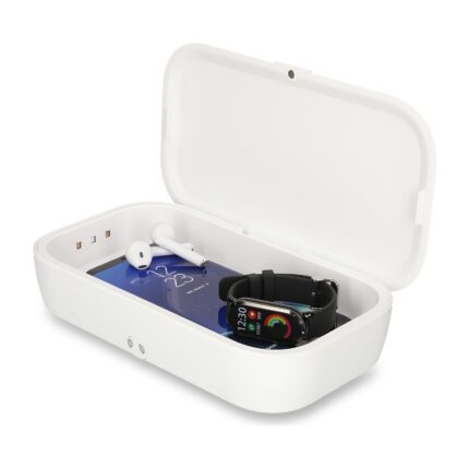 Stérilisateur UV KSIX DCLBOX avec chargeur sans fil : boîte ouverte avec une montre et des écouteurs à l'intérieur
