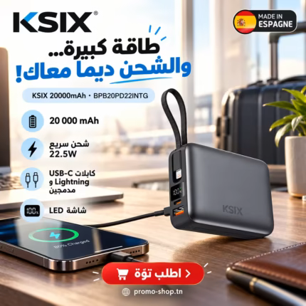 Affiche de la batterie externe KSIX 20 000 mAh : charge rapide 22,5 W, câbles USB-C et Lightning intégrés, écran LED