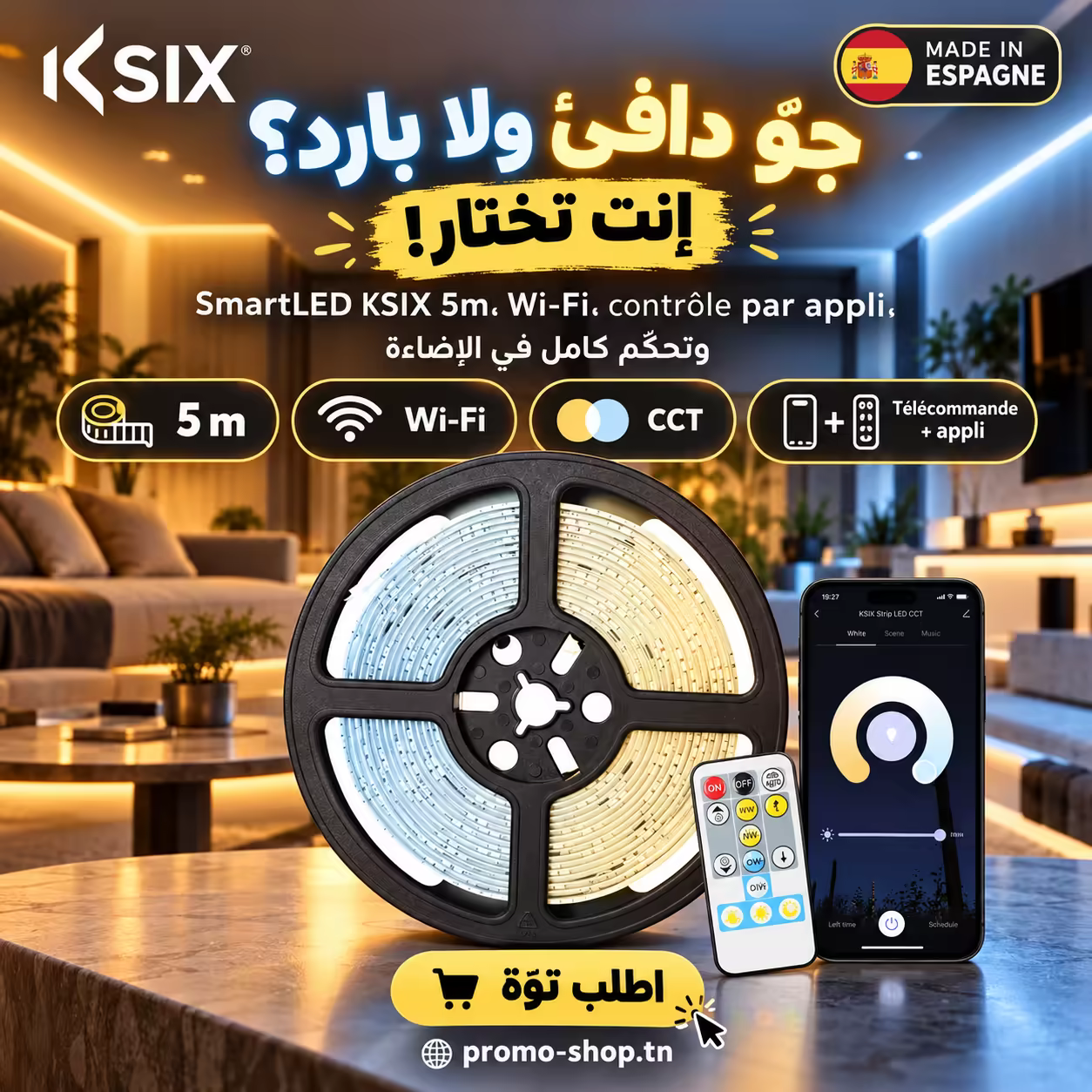 Bande LED SmartLED KSIX BXLEDST5M21, 5 m, WiFi 1 Affiche de la bande SmartLED KSIX de 5 m : Wi-Fi, blanc réglable CCT, télécommande et application