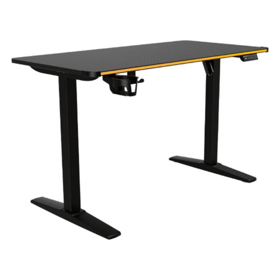 Bureau gaming Nacon à hauteur réglable et LED 2 Bureau gaming Nacon à hauteur réglable et LED : bureau gaming noir vu de trois quarts avec son crochet pour casque