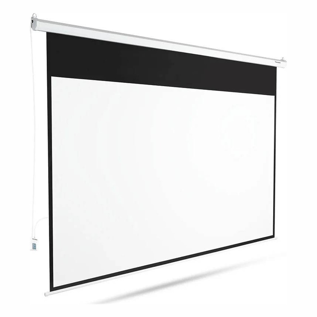 Écran électrique mural Overmax 95 pouces 2 Écran électrique mural Overmax 95 pouces : écran blanc déroulé vu en perspective avec sa bordure noire