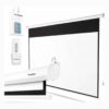 Écran électrique mural Overmax 95 pouces : écran blanc déroulé avec sa télécommande et son boîtier de commande