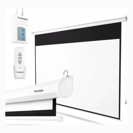Promo-shop 30 Écran électrique mural Overmax 95 pouces : écran blanc déroulé avec sa télécommande et son boîtier de commande