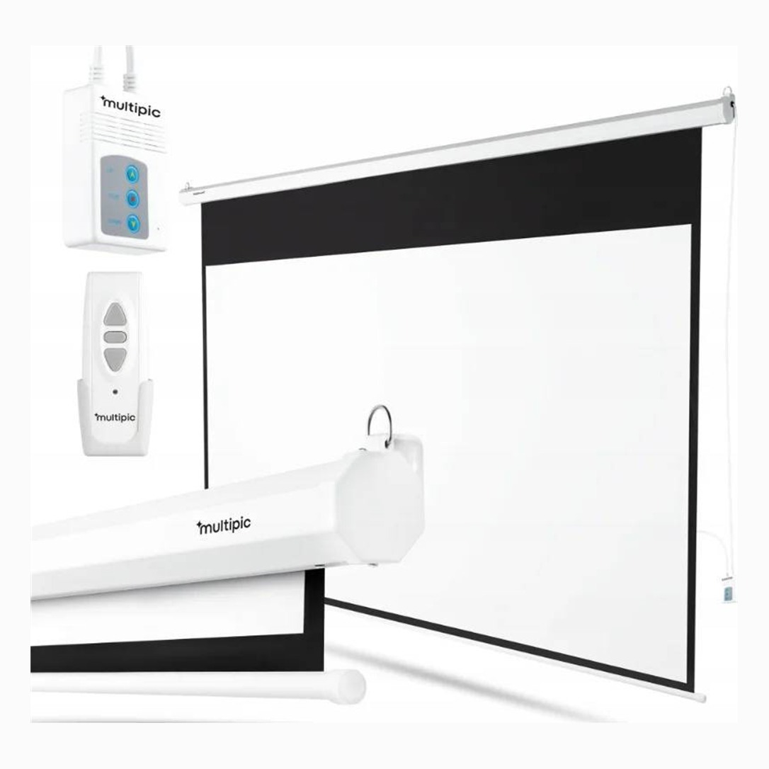 Écran électrique mural Overmax 95 pouces 1 Écran électrique mural Overmax 95 pouces : écran blanc déroulé avec sa télécommande et son boîtier de commande
