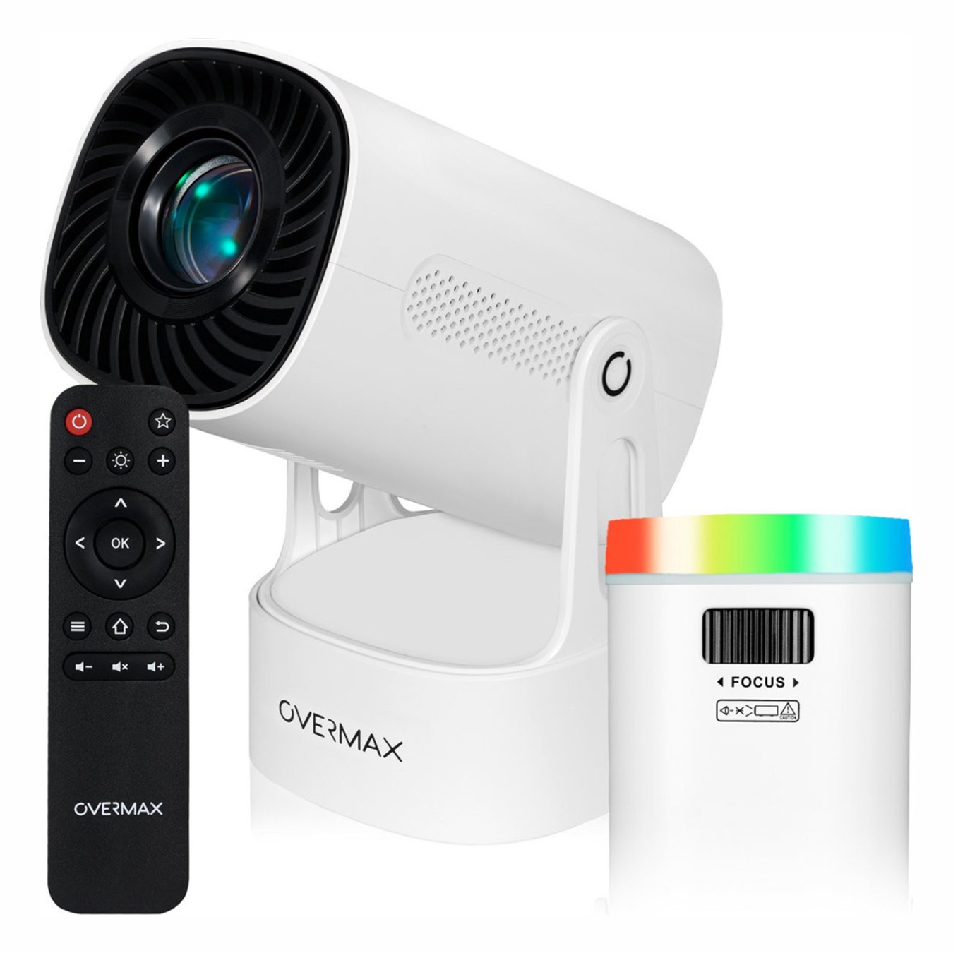 Vidéoprojecteur Overmax Multipic EZ, Android 11 2 Vidéoprojecteur Overmax Multipic EZ, Android 11 : projecteur avec sa télécommande et un module cylindrique lumineux