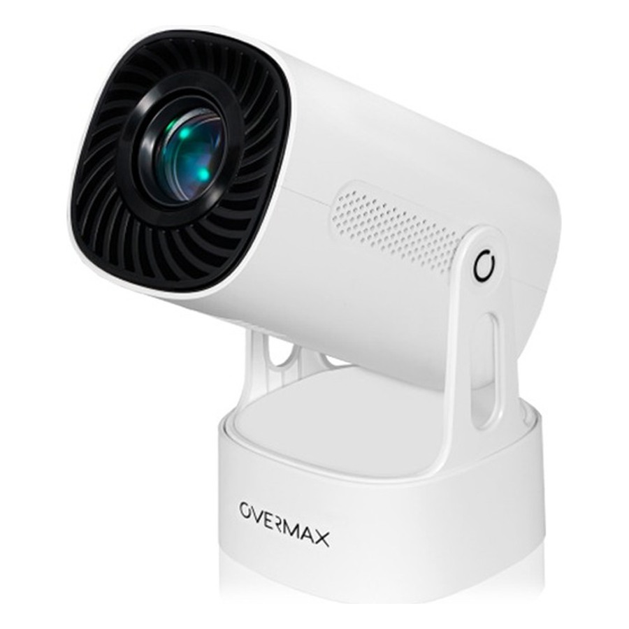 Vidéoprojecteur Overmax Multipic EZ, Android 11 1 Vidéoprojecteur Overmax Multipic EZ, Android 11 : projecteur blanc vu de trois quarts, objectif noir et base ronde
