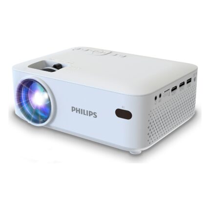 Promo-shop 28 Vidéoprojecteur Philips NeoPix 100 : projecteur blanc vu de trois quarts avec son objectif et le logo Philips