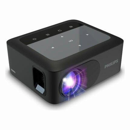 Promo-shop 27 Vidéoprojecteur Philips NeoPix 110 : projecteur noir vu de trois quarts avec sa surface tactile et son objectif
