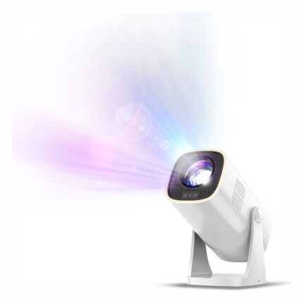 Promo-shop 25 Vidéoprojecteur Philips NeoPix 230 Smart : projecteur blanc incliné projetant un faisceau lumineux coloré