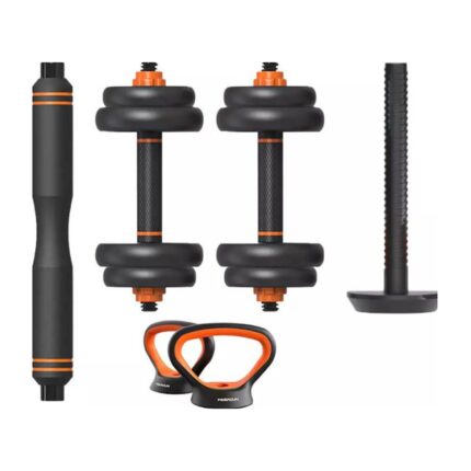 Kit haltères et kettlebell Xiaomi FED 10 kg : pièces du kit en noir et orange : barre rembourrée, deux haltères à disques, tige filetée avec embase et deux poignées de kettlebell