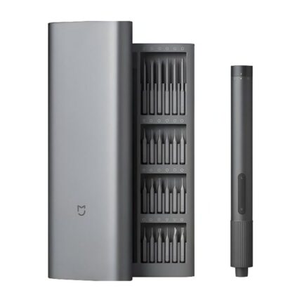 Kit de tournevis de précision électrique Xiaomi : coffret en aluminium gris ouvert sur ses 24 embouts rangés en quatre rangées, avec le tournevis électrique à côté
