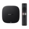 Xiaomi TV Box S 3e génération, 4K Google TV : boîtier noir carré vu de face avec sa télécommande à boutons Netflix, Prime Video et YouTube