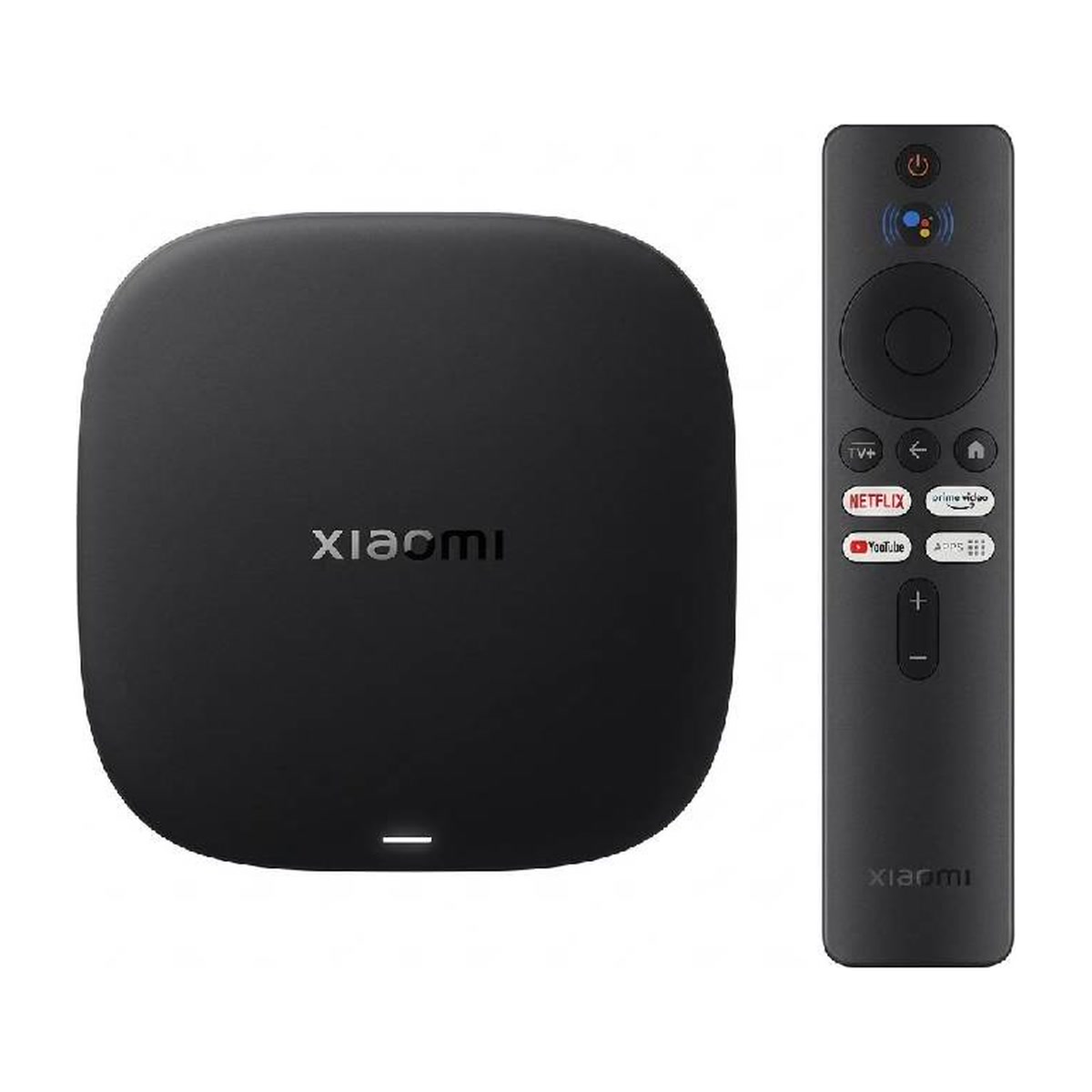 Xiaomi TV Box S 3e génération, 4K Google TV 1 Xiaomi TV Box S 3e génération, 4K Google TV : boîtier noir carré vu de face avec sa télécommande à boutons Netflix, Prime Video et YouTube