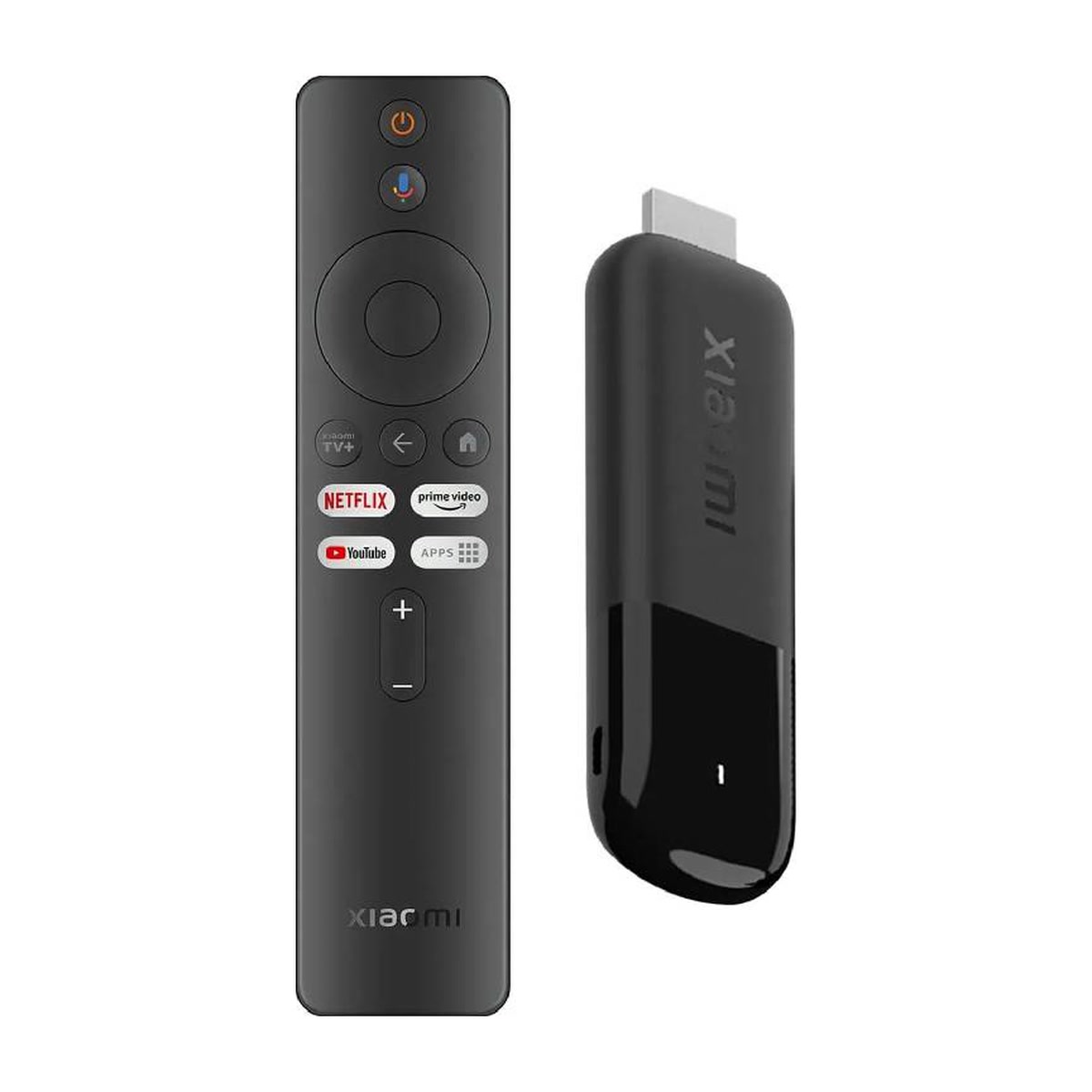 Xiaomi TV Stick 4K 2e génération, Google TV 1 Xiaomi TV Stick 4K 2e génération, Google TV : clé noire vue de trois quarts à côté de sa télécommande à boutons Netflix, Prime Video et YouTube