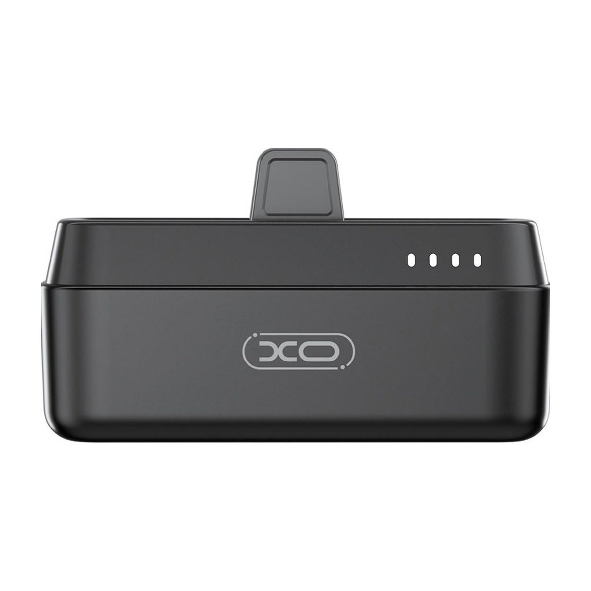 Power bank XO 5000 mAh 20 W connecteur Lightning 2 Power bank XO 5000 mAh 20 W connecteur Lightning : power bank noir vu de face avec le logo XO et quatre voyants