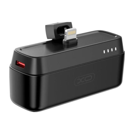 Promo-shop 24 Power bank XO 5000 mAh 20 W connecteur Lightning : power bank noir avec le connecteur Lightning relevé sur le dessus, port rouge et quatre voyants