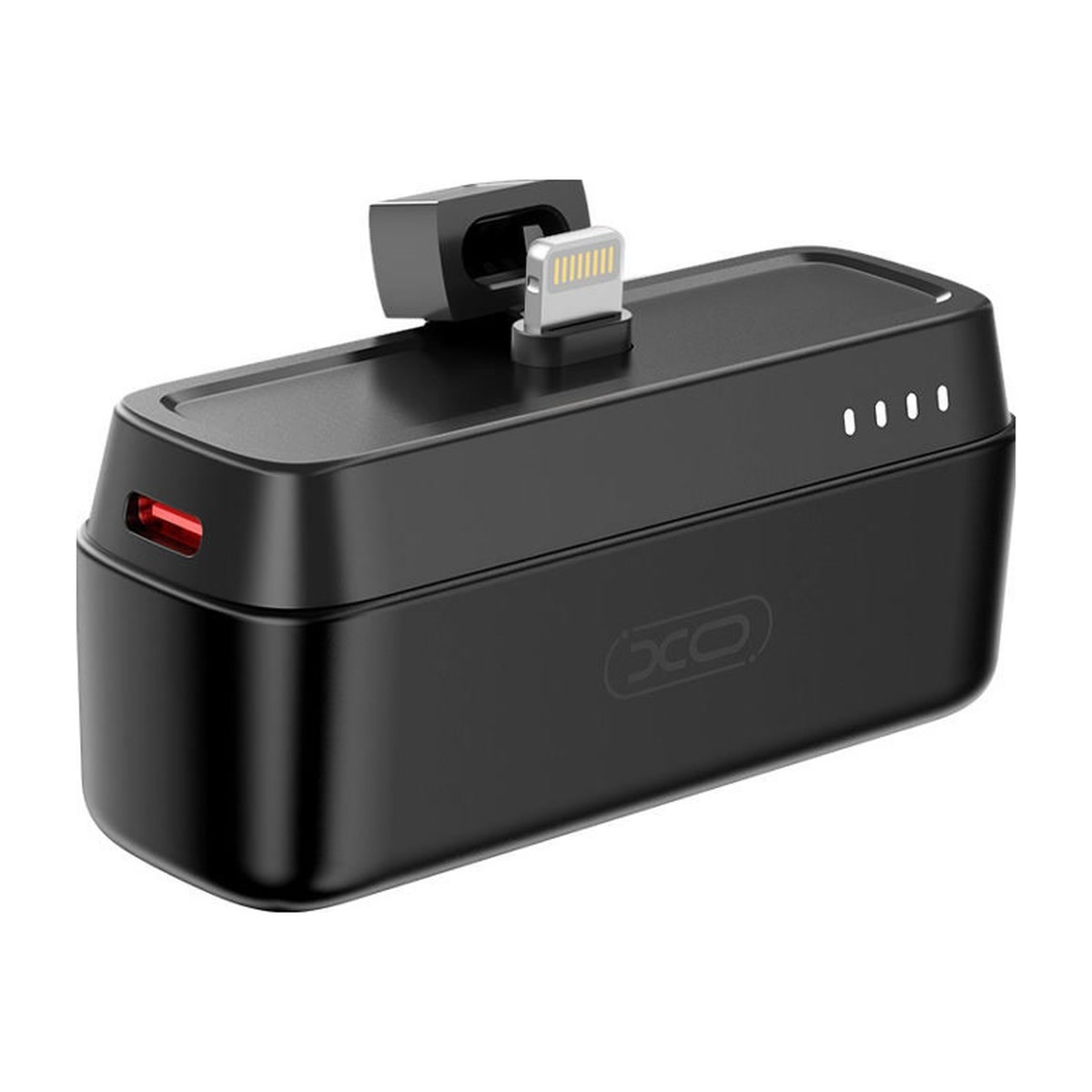 Power bank XO 5000 mAh 20 W connecteur Lightning 1 Power bank XO 5000 mAh 20 W connecteur Lightning : power bank noir avec le connecteur Lightning relevé sur le dessus, port rouge et quatre voyants