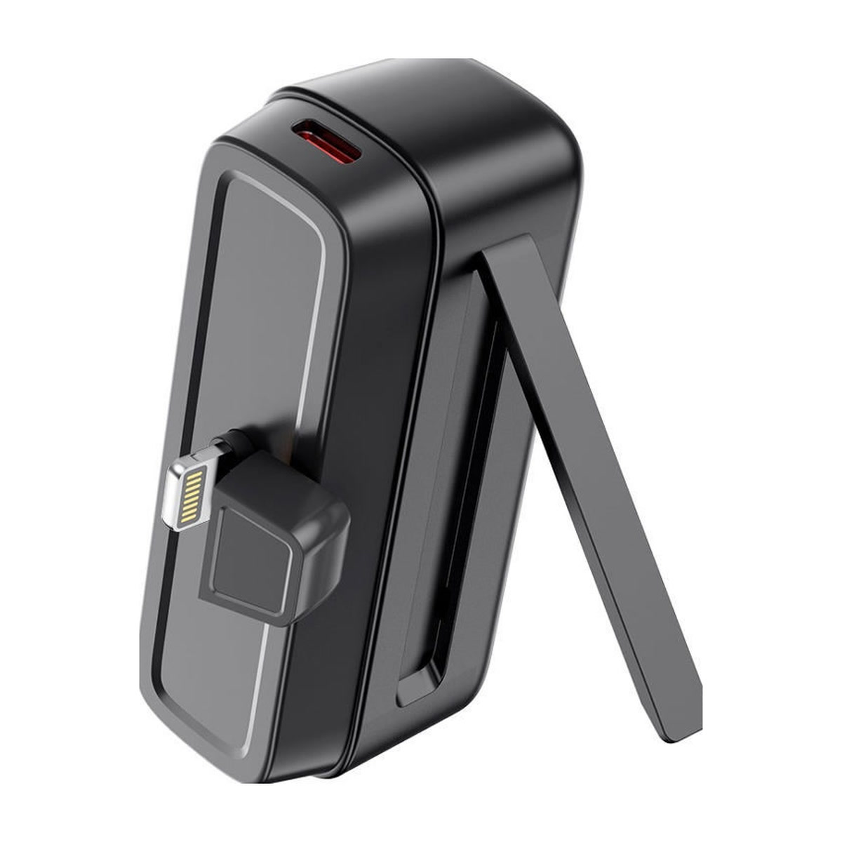 Power bank XO 5000 mAh 20 W connecteur Lightning 3 Power bank XO 5000 mAh 20 W connecteur Lightning : power bank dressé sur son pied d'appui, connecteur Lightning visible en bas