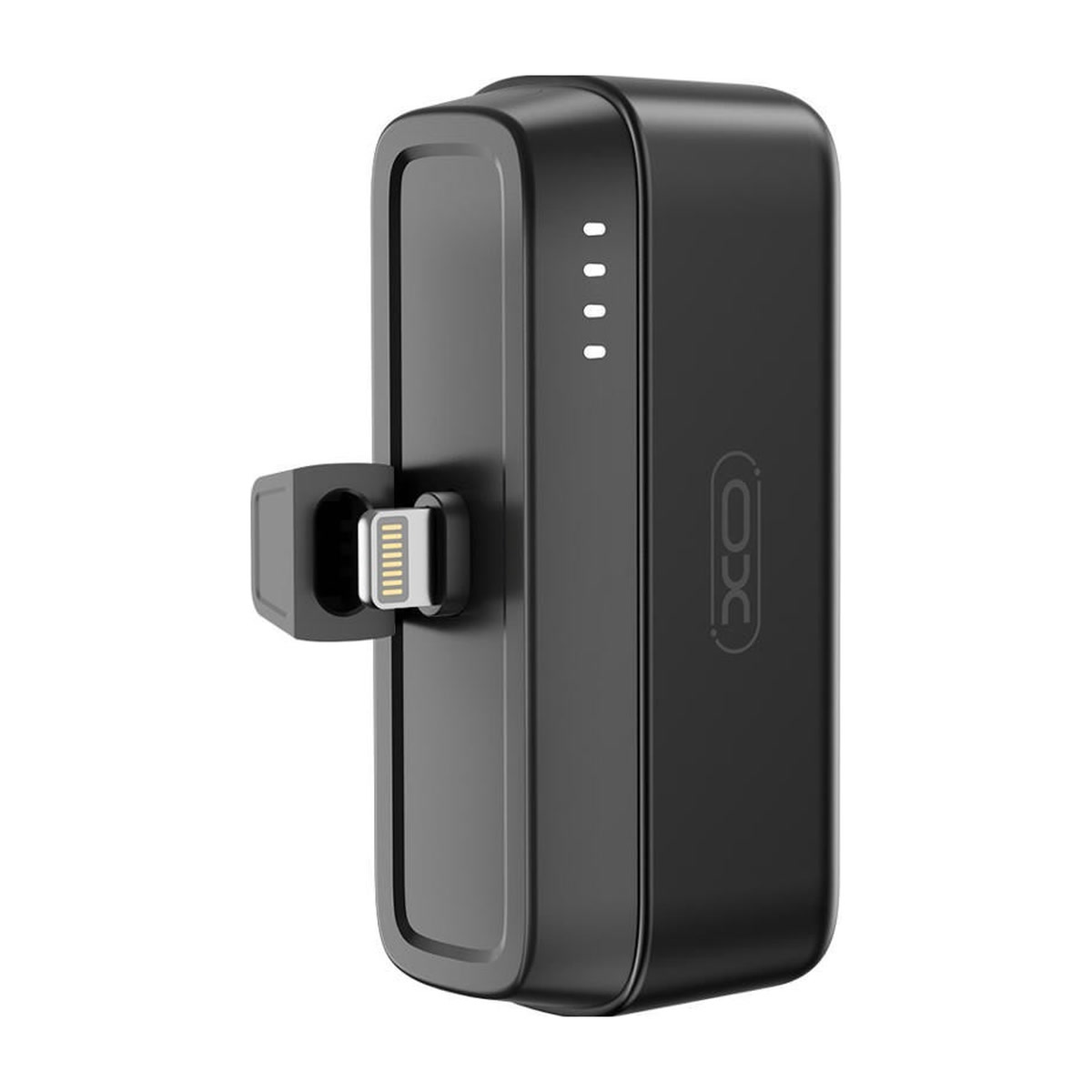 Power bank XO 5000 mAh 20 W connecteur Lightning 4 Power bank XO 5000 mAh 20 W connecteur Lightning : power bank noir vu de côté avec son connecteur Lightning